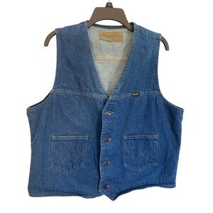 Wrangler Denim Vest Womens L/XL Blue V Neck Button Front Pockets Western Vintage
